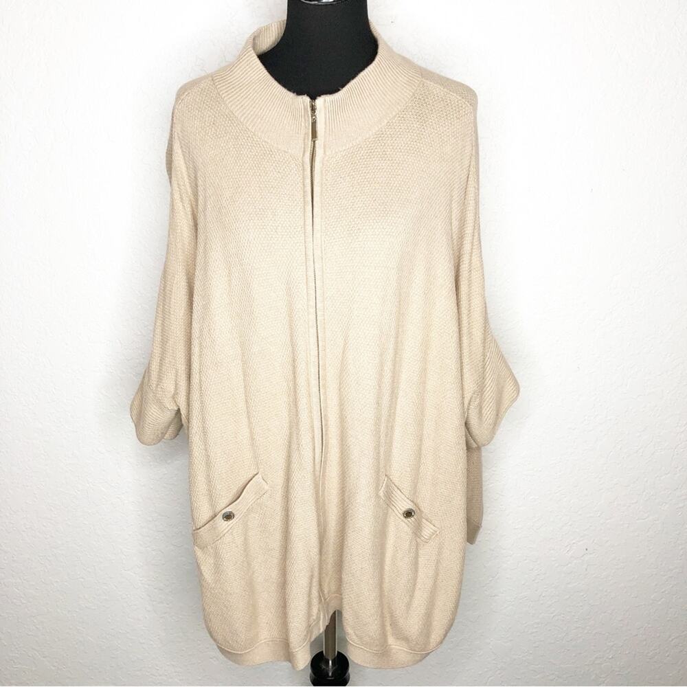 WHBM camel tan waflle knit zip front sweater size Large